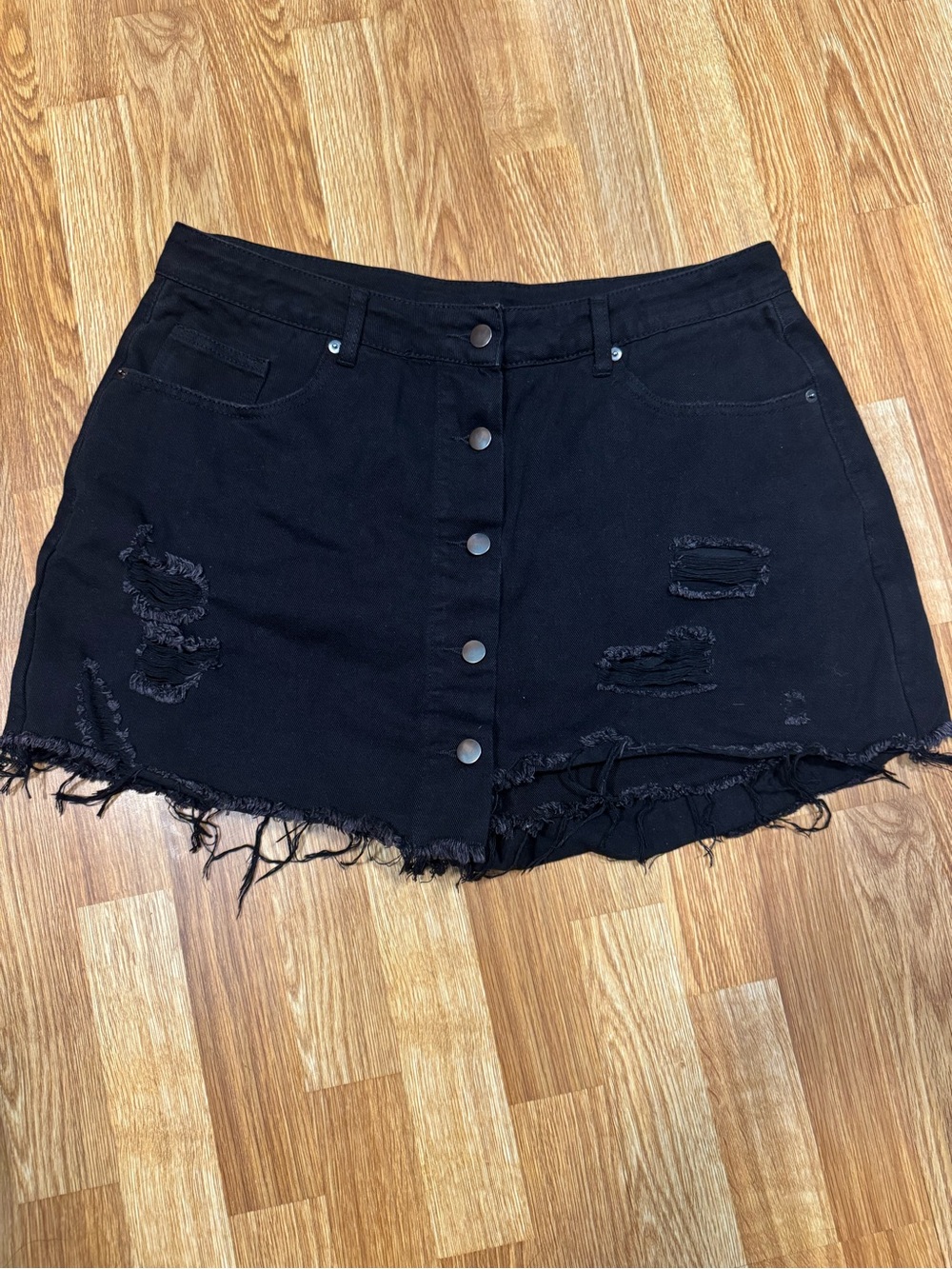 Black Distressed Button-Front Denim Mini Skirt